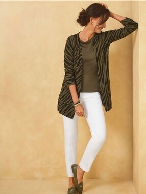 Talbots Plus Size 2X Open Front Linen Cardigan Zebra Lightweight Green Black